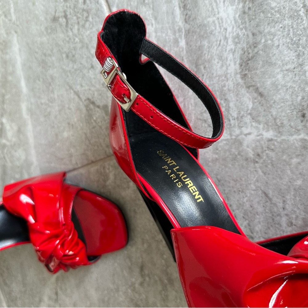 Saint Laurent Red Patent Leather Bow Ankle Strap Heels - Made in Italy - Size 37 - Picture 12 of 14
